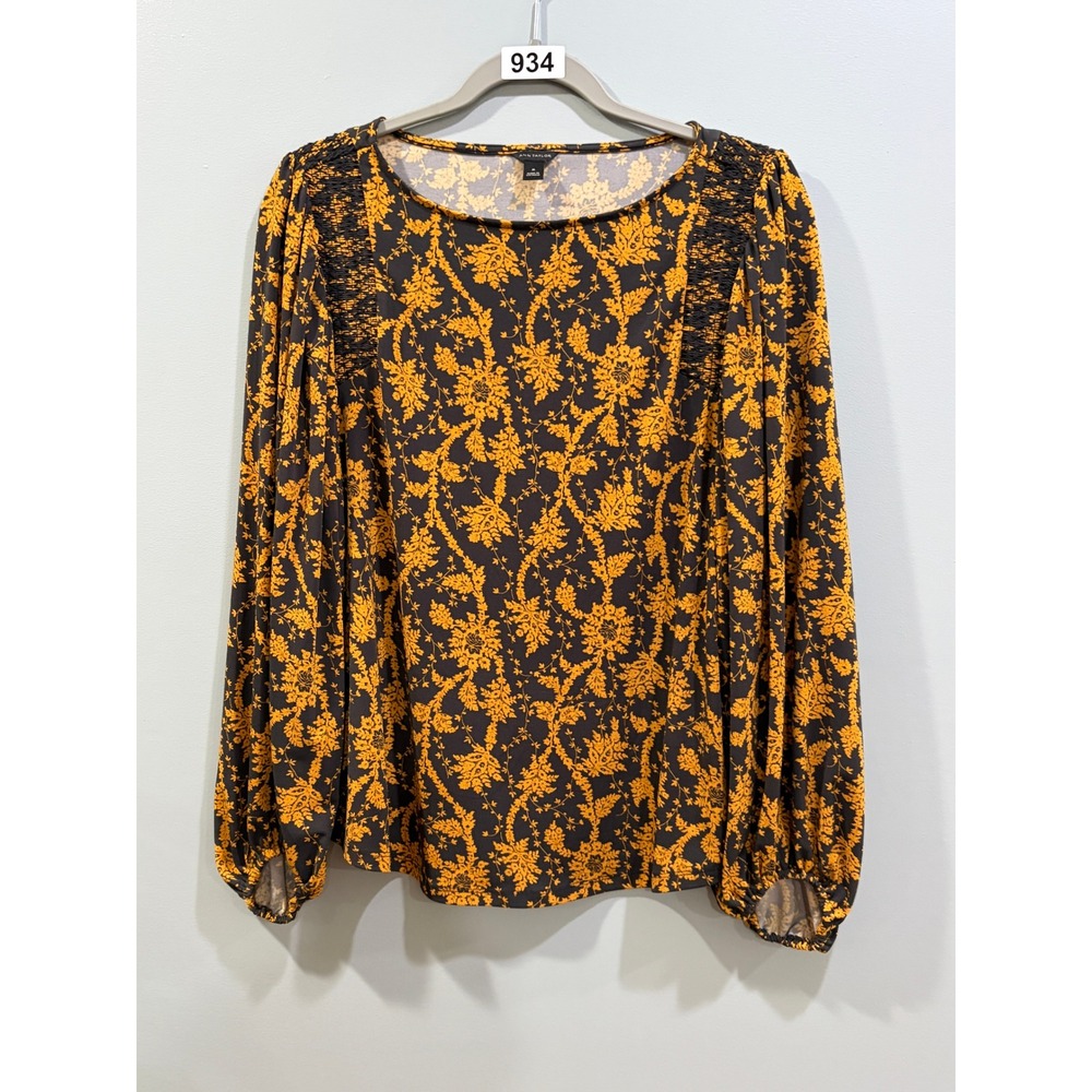 Ann Taylor Womens Black Mustard Yellow Floral Smocked Long Sleeve Blouse Size M
